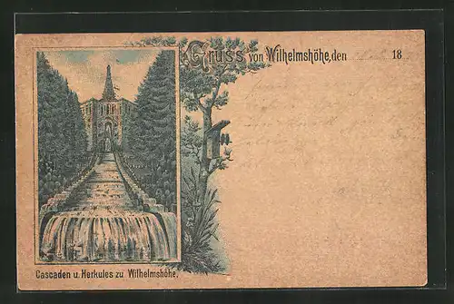 Vorläufer-Lithographie Kassel-Wilhelmshöhe, 1893, Cascaden und Herkules