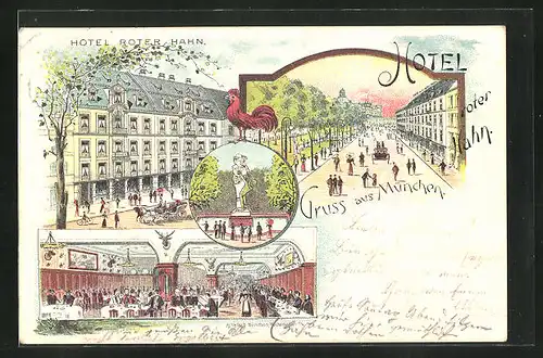 Lithographie München, Hotel Roter Hahn, Karlsplatz