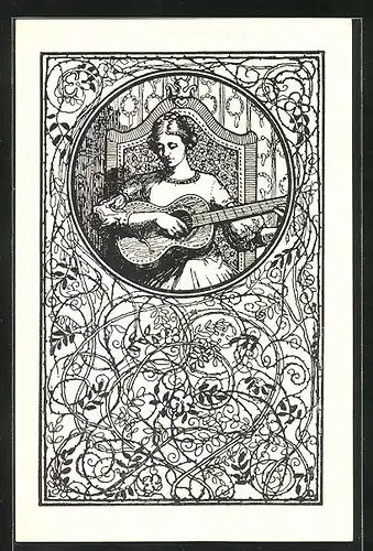 AK Junge Frau mit Gitarre im Passepartoutrahmen