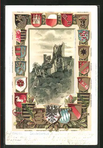 Passepartout-Lithographie Burg Drachenfels, Wappen