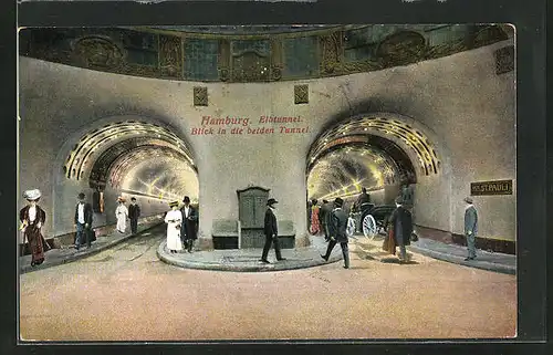 AK Hamburg-St. Pauli, Elbtunnel, Blick in die beiden Tunnel