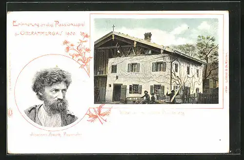 AK Oberammergau, Passionsspiele 1900, Johannes Zwink, Fassmaler, Wohnhaus des Judas-Darstellers