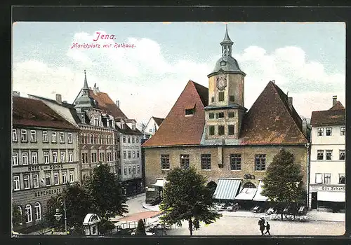AK Jena, Marktplatz mit Hotel zur Sonne, Geschäften und Rathaus