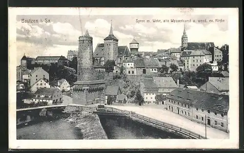 AK Bautzen i. Sa., Spree mit Wehr, alte Wasserkunst u. wend. ev. Kirche