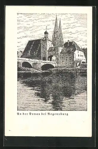 Künstler-AK Regensburg, Donaupartie mit Brücke