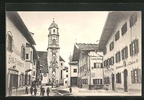 AK Mittenwald /Isar, Obermarkt mit Gasthaus z. Alpen
