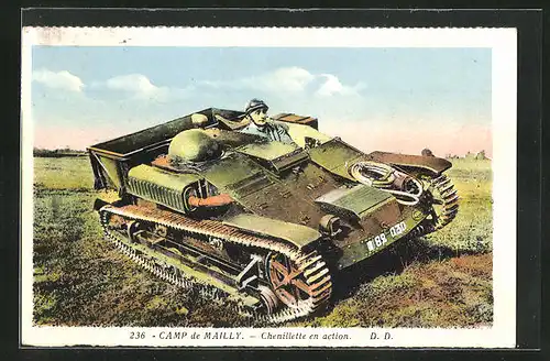 AK Mailly, Camp de Mailly, Chenillette en action, Französischer Soldat im Panzer
