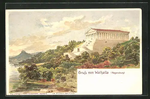 Lithographie Regensburg, Panorama mit Walhalla