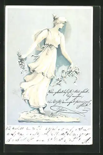 Künstler-AK Frau barfuss mit Blumenkette, Jugendstil