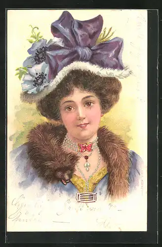 Lithographie Frau mit Pelz und grossem Hut, Jugendstil