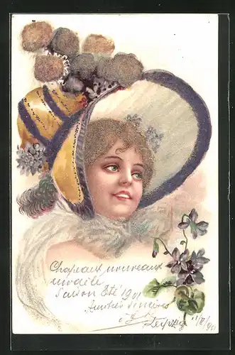 Künstler-AK Frau mit imposanten Hut und Halstuch, Jugendstil