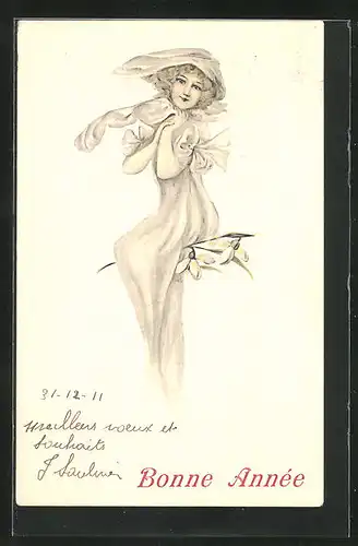 Künstler-AK Dame im weissen Kleid sitzt auf einer Blume, Jugendstil