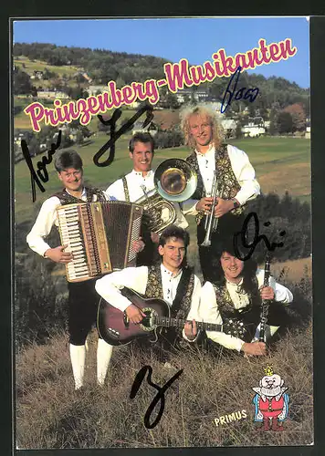 AK Musikgruppe Prinzenberg-Musikanten mit Instrumenten und Autograph
