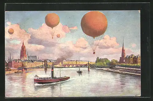 Künstler-AK Frankfurt, Ballons über der Stadt, Dampfer auf dem Main