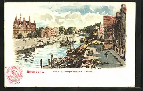 Lithographie Bromberg / Bydgoszcz, Blick von der Danziger Brücke auf die Brahe