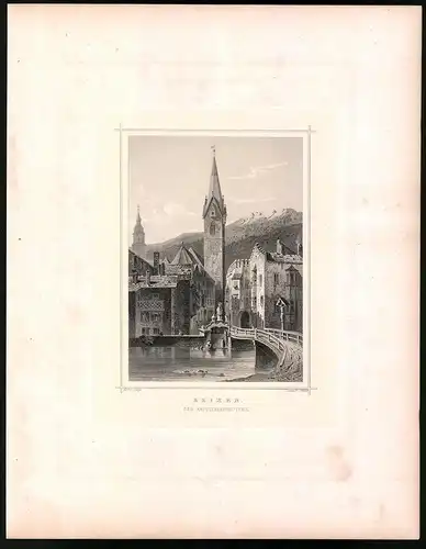 Stahlstich Brixen, Kapuzinersteg, Stahlstich um 1870 aus Ruthner Kaiserthum Österreich, 32 x 25cm