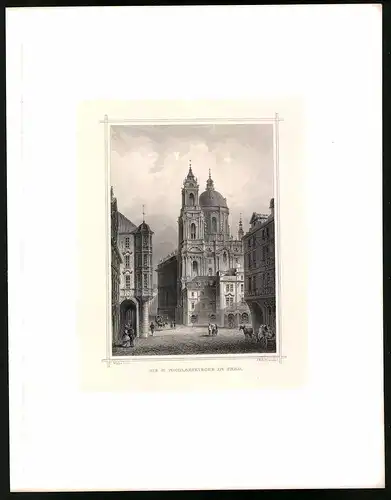 Stahlstich St. Nicolauskirche in Prag, Stahlstich um 1870 aus Ruthner Kaiserthum Österreich, 32 x 25cm