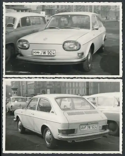 2 Fotografien Gruhle, Karl-Marx-Stadt, Ansicht Leipzig, Auto VW 411, Volkswagen mit Kennzeichen Hamburg