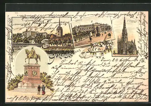 Lithographie Gera, Schloss Osterstein, St. Johannis-Kirche, Bahnhof & Denkmal Kaiser Wilhelm