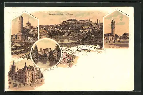 Lithographie Bautzen, Gesamtansicht von Süden mit Saidau, Wasserturm & Kaserne