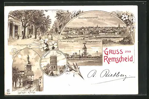 Lithographie Remscheid, Gesamtansicht, Wasserturm, Evang. Kirche, Kaiserplatz mit Kriegerdenkmal