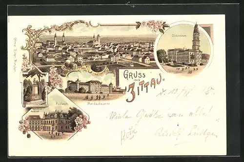 Lithographie Zittau, Gesamtansicht, Johanneum, Postamt & Mandaukaserne