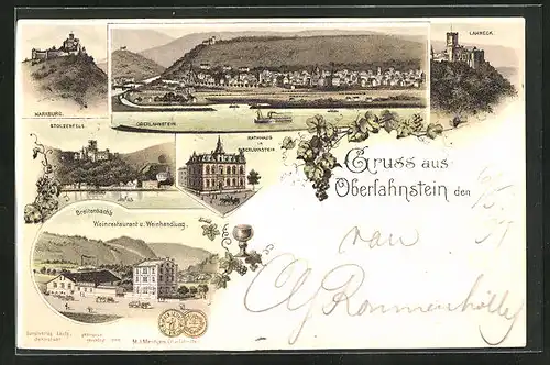 Lithographie Oberlahnstein, Gesamtansicht, Rathaus, Breitenbach`s Weinrestaurant u. Weinhandlung & Rathaus