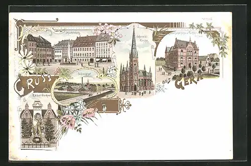 Lithographie Gera, Schlachthof, Marktplatz, Zabel-Denkmal, Zabel`sche Töchterschule & Johanniskirche