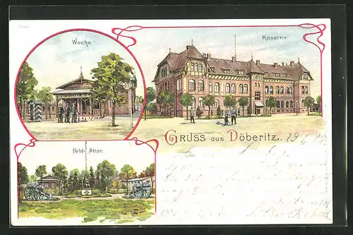 Lithographie Döberitz, Truppenübungsplatz, Kaserne, Wache & Feldaltar