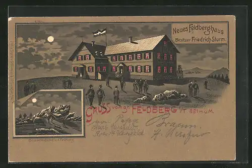 Lithographie Feldberg i.T., Wanderer vor dem Neuen Feldberghaus & Brunhildisfelsen