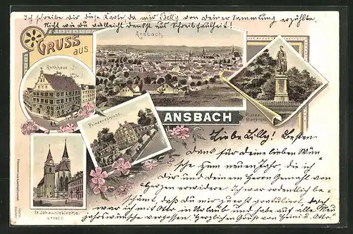 Lithographie Ansbach, Panorama, Rathaus, St. Johanniskirche & Platendenkmal