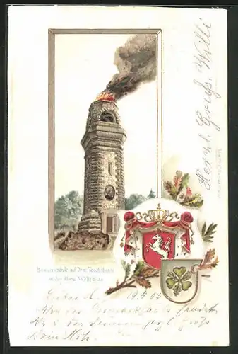 Passepartout-Lithographie Porta Westfalica, Bismarcksäule auf dem Jacobberg & Wappen