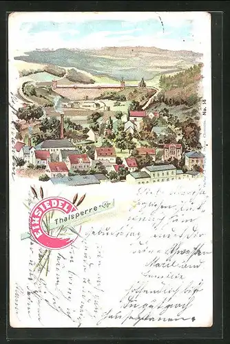 Lithographie Einsiedl, Panorama mit Thalsperre