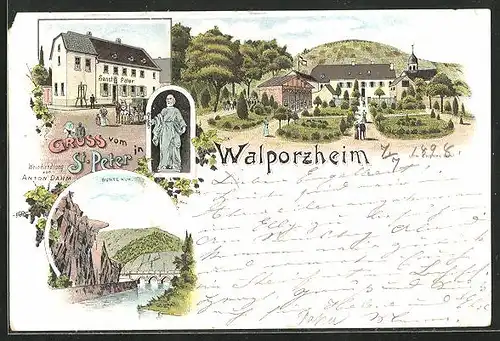 Lithographie Walporzheim, Weinhandlung Sanct Peter von Anton Dahm & Bunte Kuh