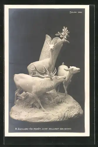 AK Plastik A. Guillon, En Foret, Cerf Ralliant ses Biches