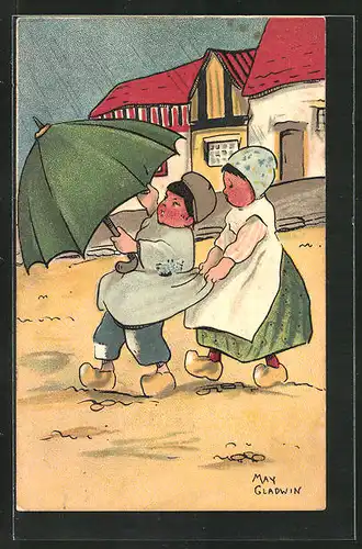 Künstler-AK sign. May Gladwin: holländische Kinder bei Sturm am Strand