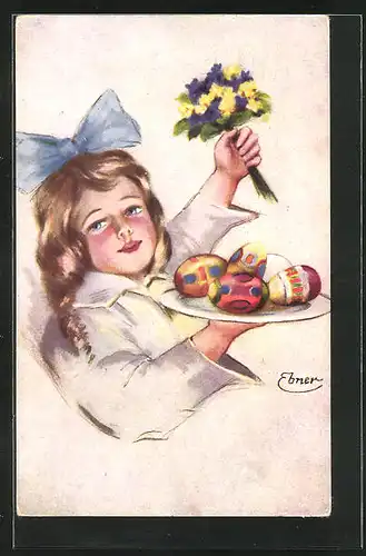 Künstler-AK sign. Ebner: kleines Mädchen mit Ostereiern und Blumenstrauss