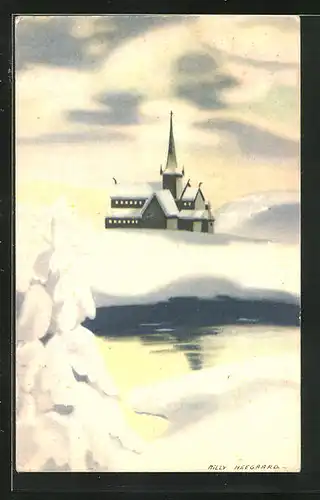 Künstler-AK sign. Milly Heegaard: Kirche in eisiger Winterlandschaft