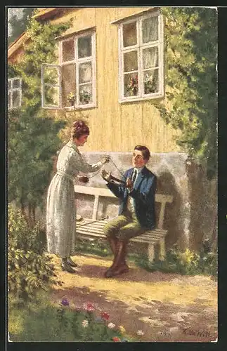 Künstler-AK sign. R. de Witt: Flitterwochen, Idylle vor dem Haus