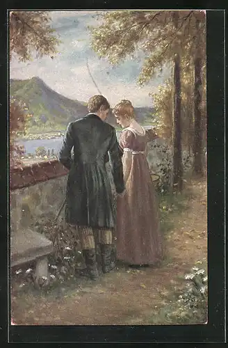 Künstler-AK sign. R. de Witt: Gefunden, Liebespaar auf einem Spaziergang