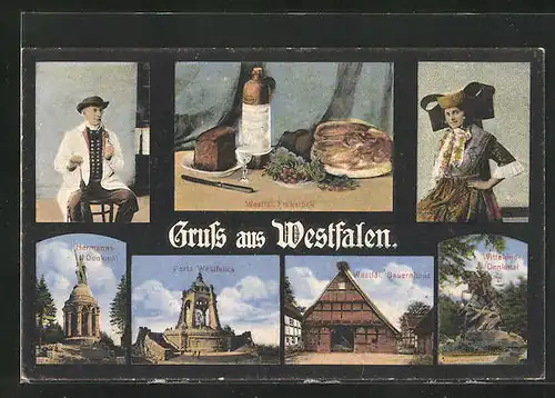 AK Gruss aus Westfalen, Westfälisches Frühstück, Westfälisches Bauernhaus, Hermanns-Denkmal