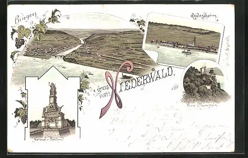 Lithographie Niederwald /Rüdesheim, Burg Rheinstein, National-Denkmal