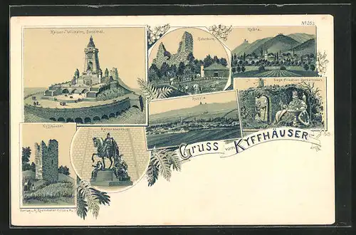 Lithographie Kyffhäuser, Kaiser-Wilhelm-Denkmal, Reiterstandbild, Rotenburg