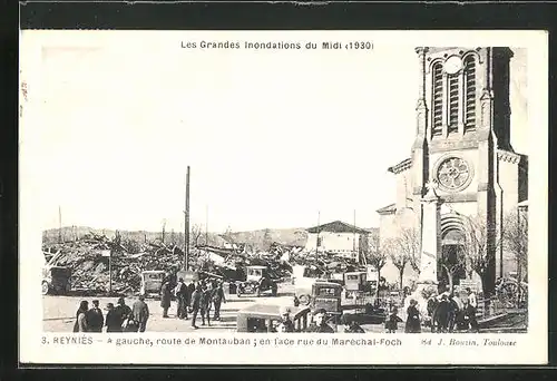 AK Reyniés, Hochwasser 1930, A Gauche, route de Montauben en face rue du Maréchal-Foch