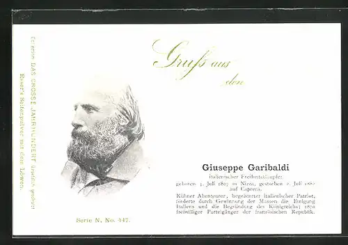 AK Giuseppe Garibaldi, italienischer Freiheitskämpfer, Serie N, Nr. 447