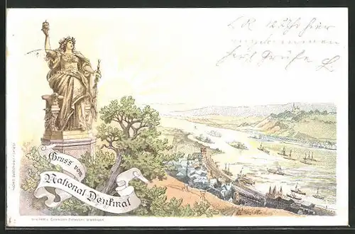 Lithographie Niederwald /Rüdesheim, National-Denkmal