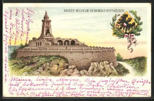 Lithographie Kyffhäuser, Kaiser Wilhelm-Denkmal, Wappen