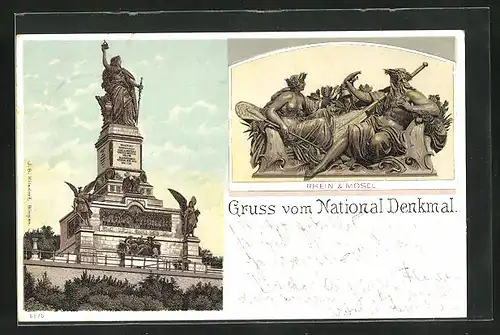 Lithographie Rüdesheim, National-Denkmal, Rhein & Mosel