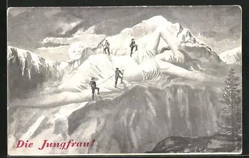 AK Bergsteiger auf der Jungfrau, schmunzelnder Mond, Berg mit Gesicht / Berggesichter