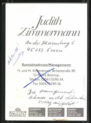 AK Musiker Judith Zimmermann, mit Autograph